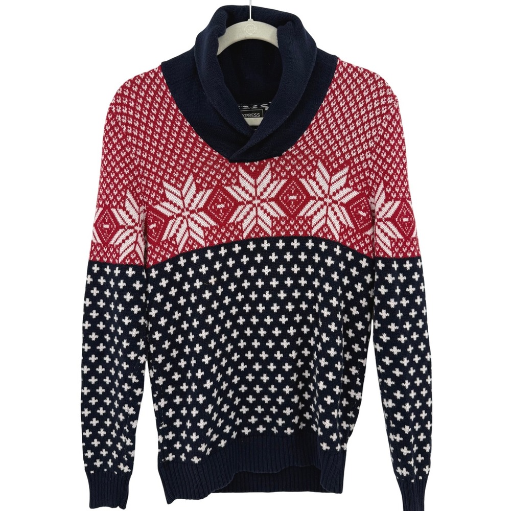 Express Shawl Collar Fair Isle Snowflake Sweater Red Navy White S Christmas